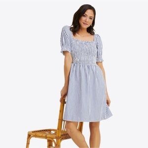 Draper James Cam Smocked Dress in Blue Shirting Stripe, Size S